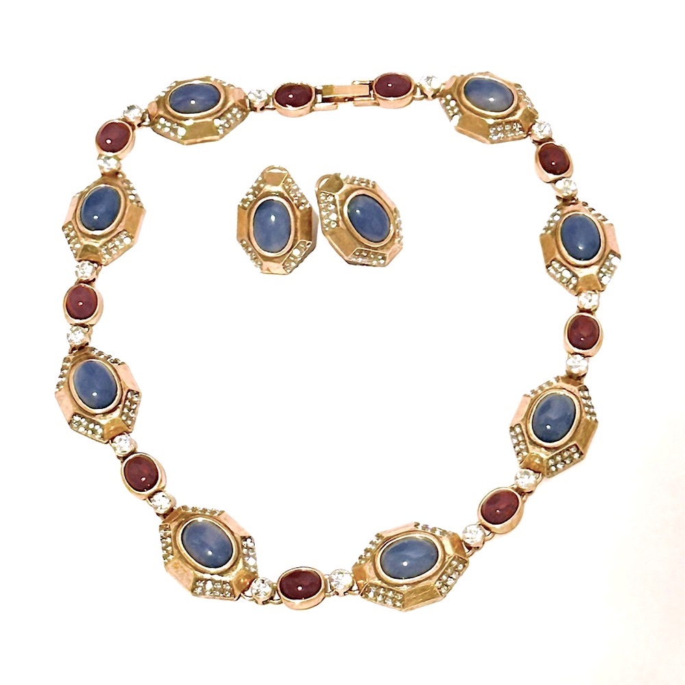 NEIMAN MARCUS | Vintage-Inspired Red & Blue Cabochon Necklace/Earring Set | NWOT - Picture 5 of 10